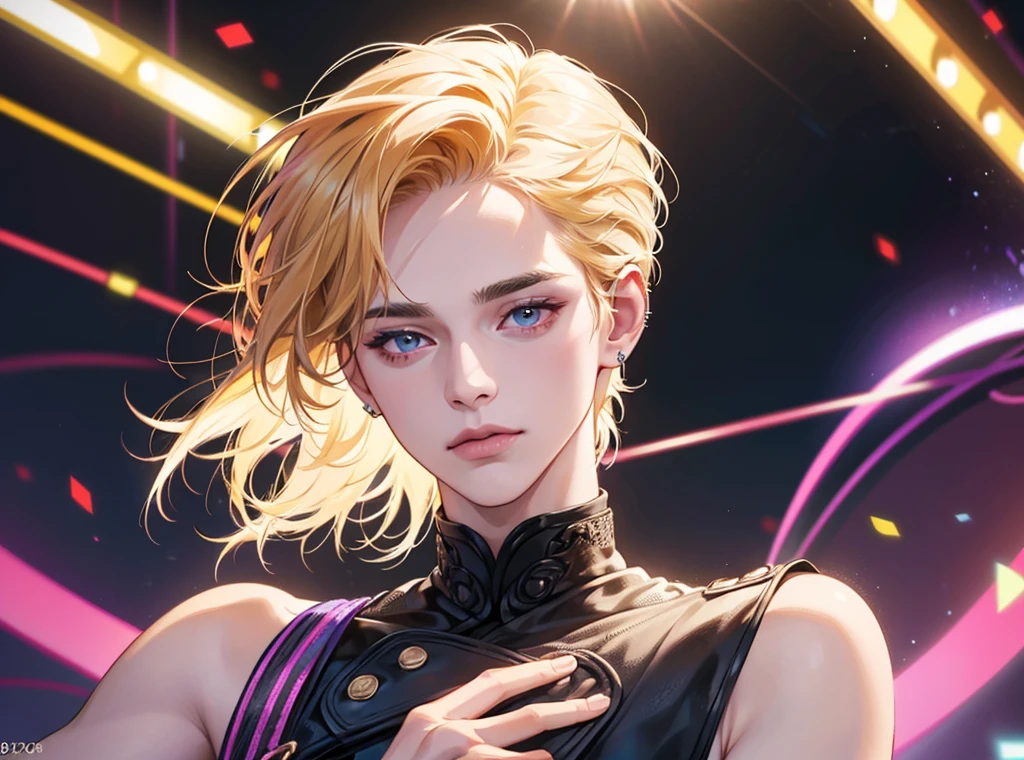 a handsome man with blonde hair and brown eyes, wearing a modern idol costume on a stage background with purple and blue neon lights, (best quality,4k,8k,highres,masterpiece:1.2),ultra-detailed,(realistic,photorealistic,photo-realistic:1.37),highly detailed face, extremely detailed eyes and face, beautiful detailed lips, longeyelashes, singer, man, ear piercing, short haircut, stage performance, professional, vivid colors
