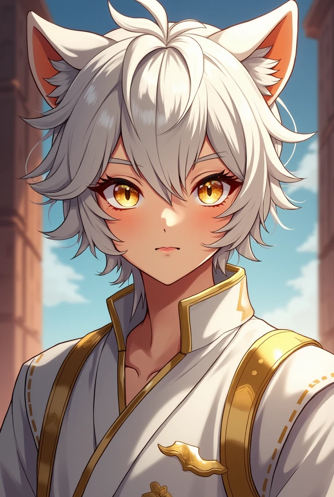 An anime character, Brown man, Cao Cao, His race is demi-human lion short white hair, Golden pupils, white eyelashes, white eyebrows, light or white clothes with gold or silver details