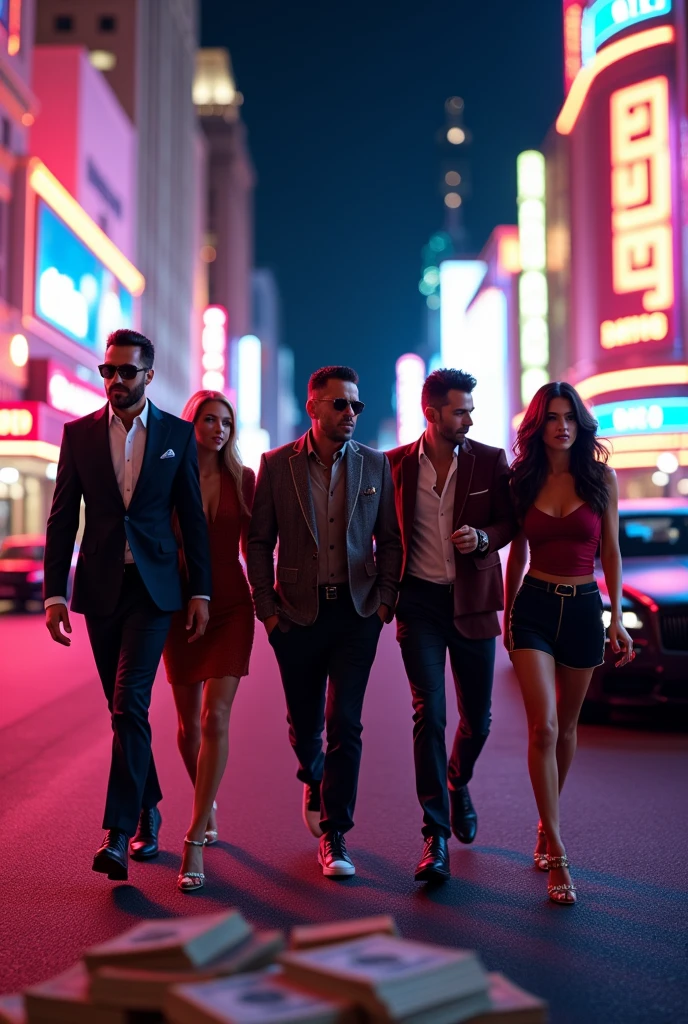 Group at the Las Vegas Strip: A group of wealthy individuals stroll down the Las Vegas Strip at night, the neon lights reflecting off their designer outfits. They’re surrounded by stacks of casino chips and dollar bills, with luxury cars parked in the background.