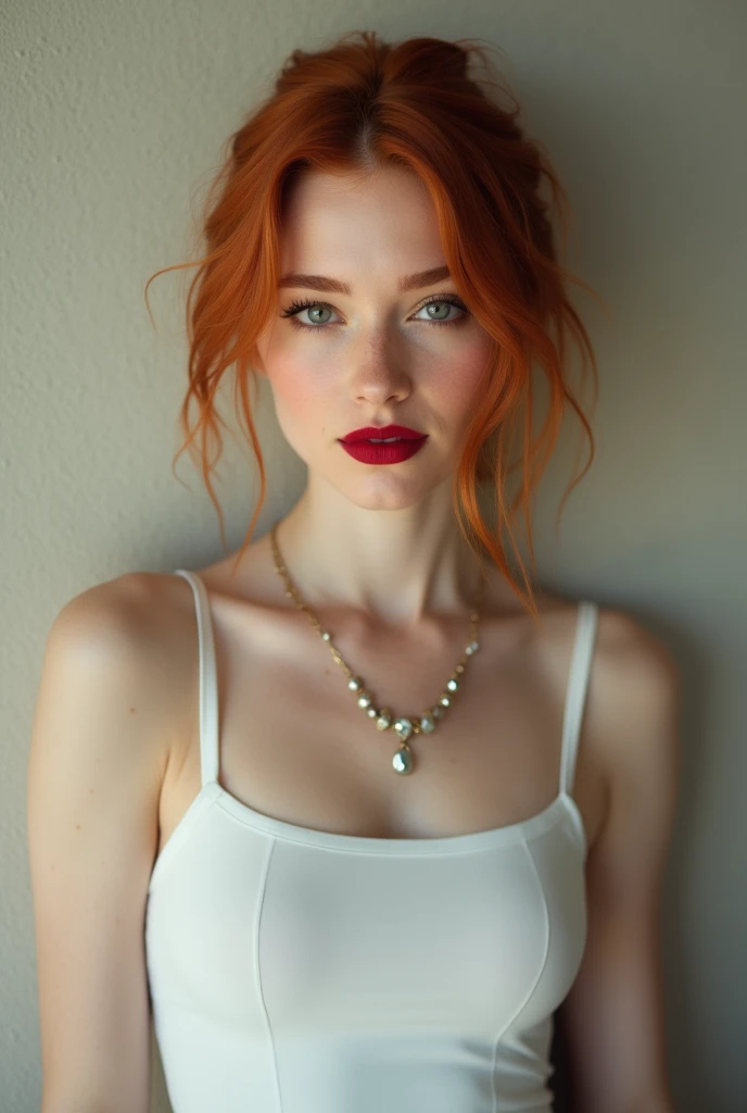 Young Caucasian woman (((redhead))), (((light-colored eyes))), thin face, (exquisitely detailed with nuanced textures), full lips, (vibrant red lipstick, professionally applied), ((polished, high-end makeup)), medium hair, captivating seductive smile, wearing a (pristinely white, form-fitting tank top), minimalist jewels, posed against a (seamless, bare, and subtly textured wall) in a professionally lit setting: (soft, expertly feathered illumination with subtle gradient, devoid of harsh shadows), film grain: 1.2, and a delicate, dreamy soft focus (accentuating facial details while gently blurring peripherals).