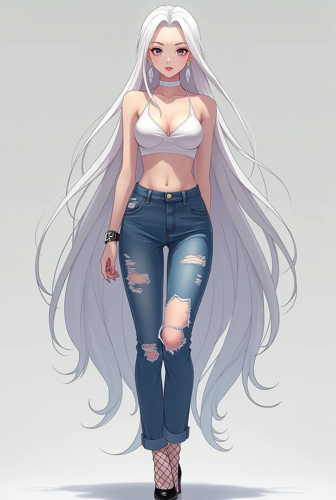 tall anime woman, long white hair, wears shiny earrings and light makeup, a cute white crop top and ripped denim pants with fishnet tights underneath, high-heels, white nails with shiny details, and a delicate white choker around the neck