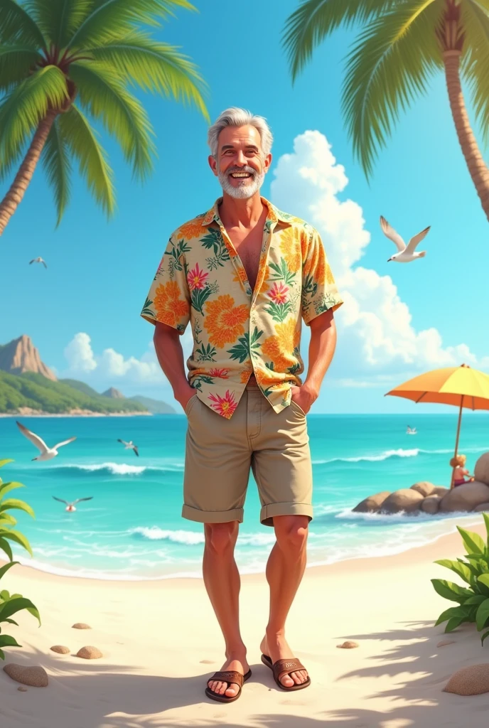 create a happy man who is wearing summer clothes and is at the beach