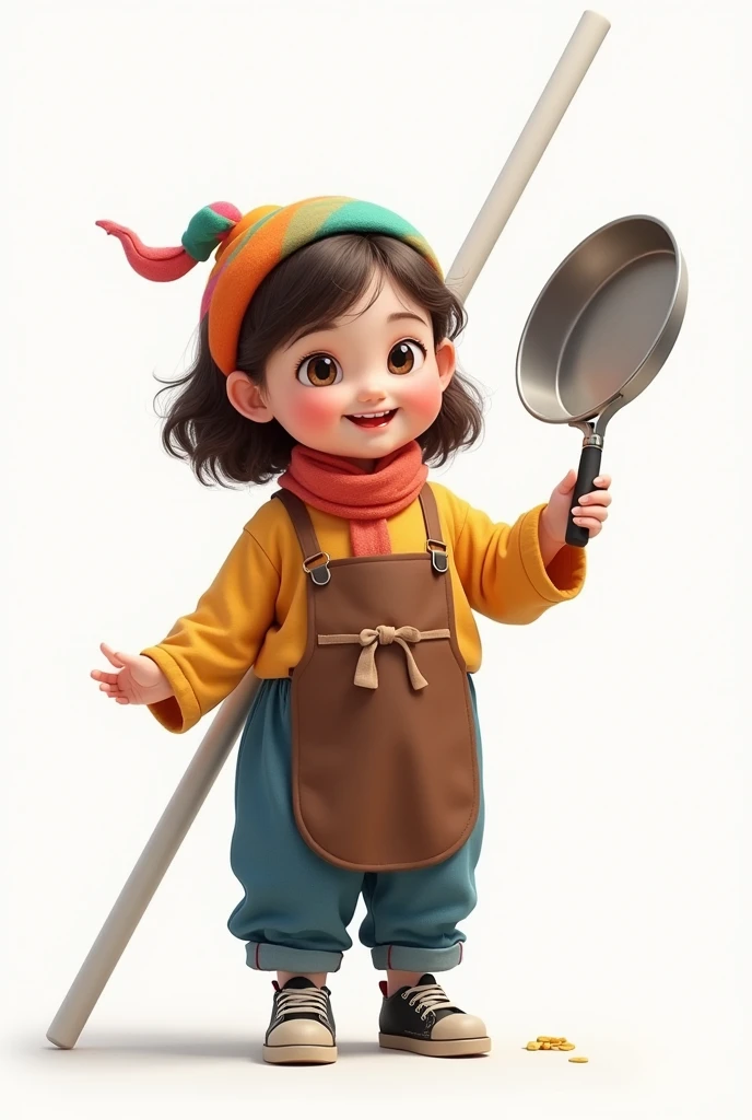 A little chubby girl, short-legged, large eyes, White skin, Brown hair in shoulder-length waves, With a colorful scarf on her head, WHITE POLE, jean azul, black chunky sneakers and brown apron, holding a frying pan in his hand. With gestures of happiness