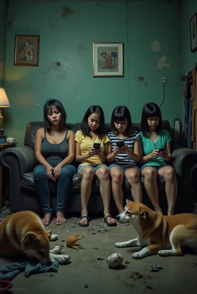 one pinay fat girl with makeup, 3 teens with baby,  holding a phone and angry typing, laughing, dark dirty, delusional sitting in a  couch apart, one is lying down the couch, one corgi dog and one shiba inu dog
