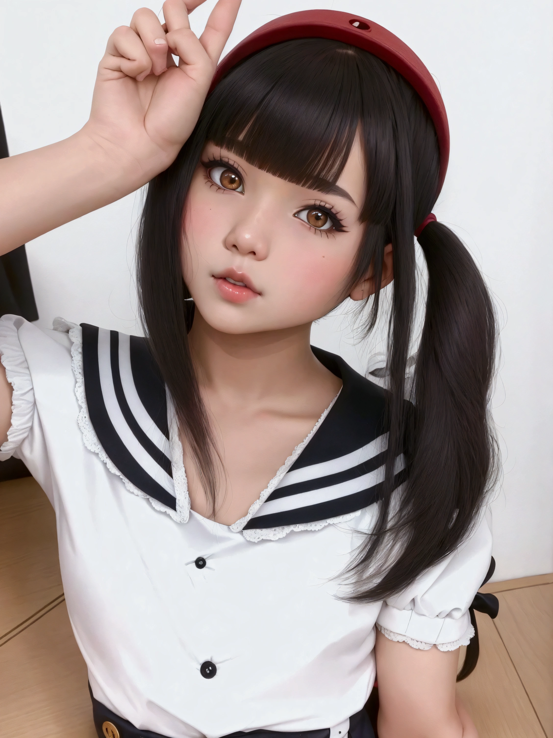 There is a young woman dressed as a sailor posing for a photo, ulzzang, two tails hairstyle, Cute kawaii girl, black hime cropped fur, white hime cut hairstyle, pretty-face-fine girl, two tails, Beautiful face of Japanese girls, kawaii hairstyle, clean hair with bangs, japanese girl school uniform, sakimi-chan, shikami