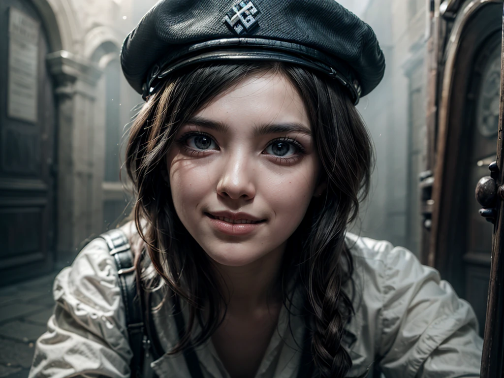 Woman, german, young 2, hair stuck, with nazi cap, giving a scary smile, grim, aspecto europeu 