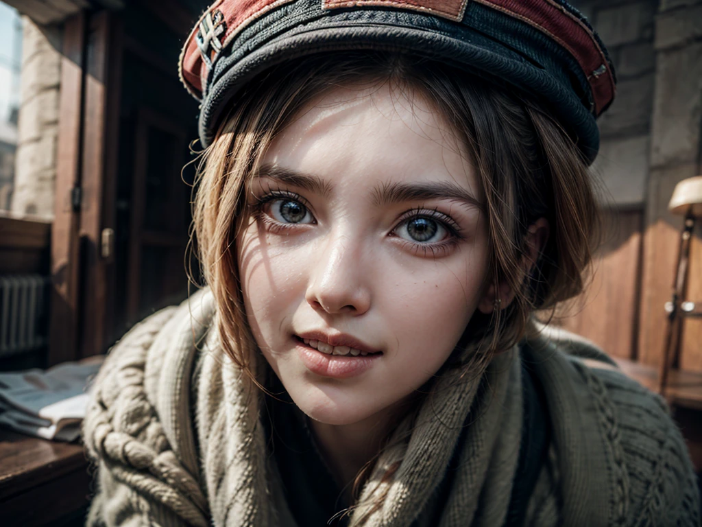 Woman, german, young 2, hair stuck, with nazi cap, giving a scary smile, grim, aspecto europeu 