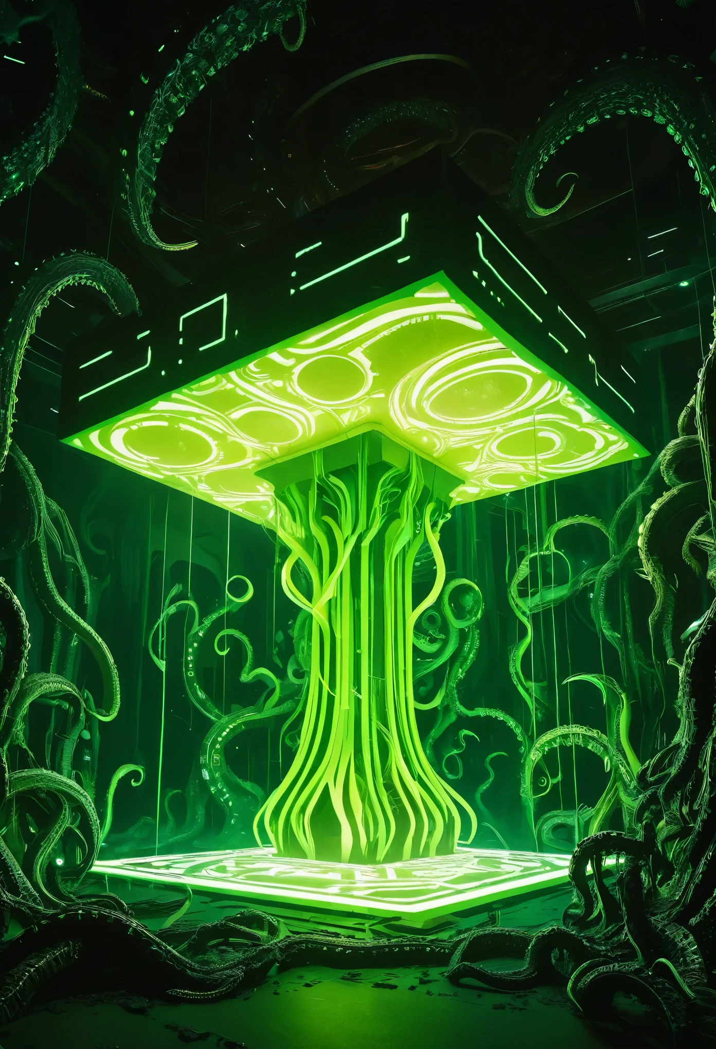 A gigantic floating cuboid structure with dark, twisting tentacles, radiating an intense green light from the circular patterns and eyes with illuminated symbols embedded in their faces. The scene has a dark and futuristic atmosphere., with a greenish-yellow lighting that envelops the entire space, full of geometric shapes and blocks suspended in the air. Two tiny, zombified figures appear to be wandering in front of this monstrous entity., highlighting its colossal scale. The atmosphere is oppressive and mysterious., as if the place were a prison or a temple of some cosmic deity. The style is a combination of science fiction and cosmic horror, with intricate details and a sense of alien grandeur.