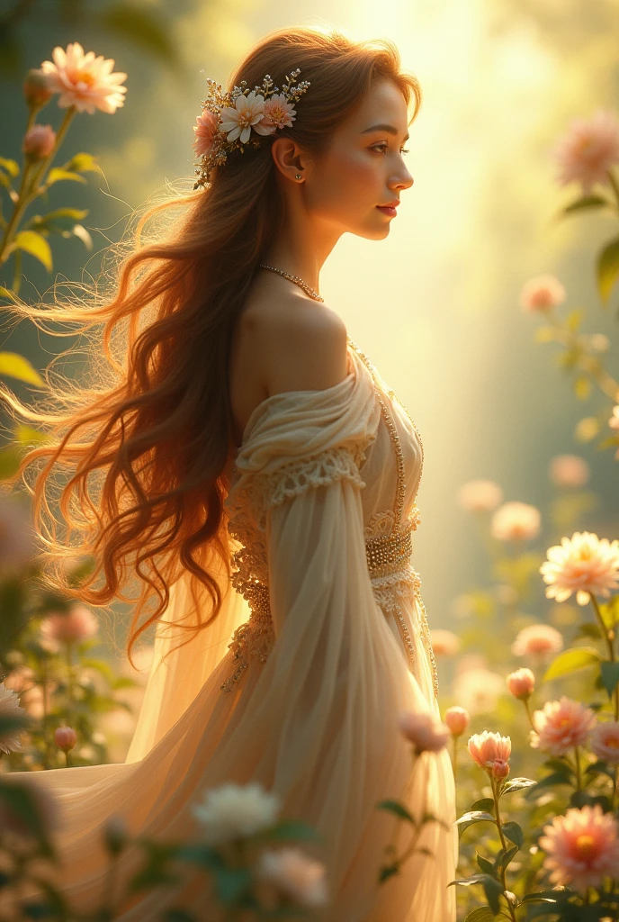 goddess of youth, with long hair and brown eyes