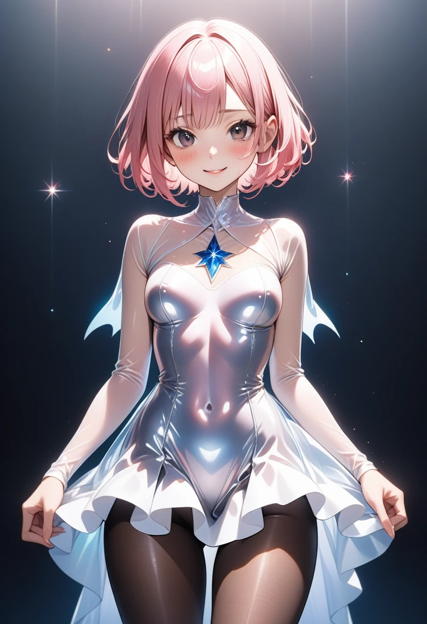 ((Ghost Costume)), ((skirt)), ((pantyhose)), ((shiny outfit)), skindentation, skinny, alone, solo, 1 woman, Masterpiece, highest quality, highest quality, 16K, incredibly absurd, highly detailed, 2.5D, ai-generated, delicate and dynamic, very delicate facial expressions, delicate eye depiction, erotic, only sexy woman, ((A cute and kind face)), healthy figure, ((1 woman)), 160cm tall, ((medium firm swaying bust)), medium breasts, (short hair), (pink hair:1.5), bob cut, black eye, blush, Sweat,Embarrassed,sexy, ((thin thighs)), (camel toe:0.7), (visible nipples:0.5), (Erect nipples,:0.7), shiny and lustrous, facing straight at viewer, smile, ((Oily_skin)), dark skin, ((standing)), ((arm at side)), ((Transparent and sparkling costume)),