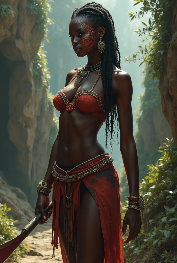 young african woman, ancient african tribal warrior, full body, very dark black skin, holding a machete, facepaint, bodypaint, sexy, small breasts, small bra made of colorful beads, highly detailed, vibrant appearance, creative behavior, extremly detailed, imaginative, sensual, spontaneous, highest quality, skin texture, intricate details, (cinematic lighting), RAW photo, 8k, masterpiece,best quality,ultra-detailed,very detailed illustrations,extremely detailed,intricate details,highres,super complex details,extremely detailed 8k cg wallpaper,