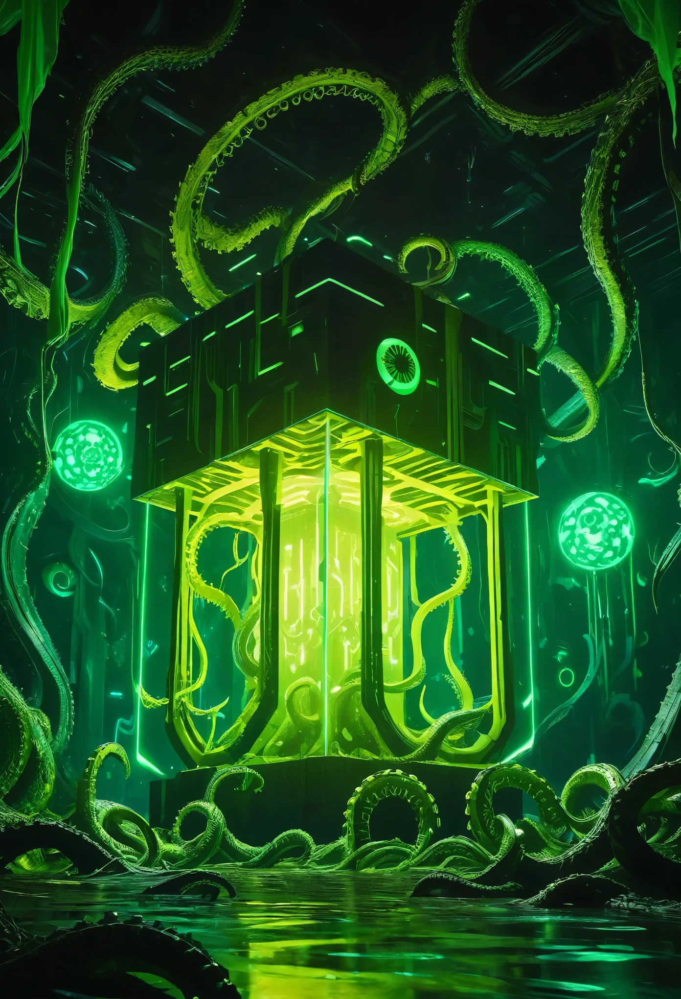 A gigantic floating cuboid structure with dark, twisting tentacles, radiating an intense green light from the circular patterns and eyes with illuminated symbols embedded in their faces. The scene has a dark and futuristic atmosphere., with a greenish-yellow lighting that envelops the entire space, full of geometric shapes and blocks suspended in the air. Two tiny, zombified figures appear to be wandering in front of this monstrous entity., highlighting its colossal scale. The atmosphere is oppressive and mysterious., as if the place were a prison or a temple of some cosmic deity. The style is a combination of science fiction and cosmic horror, with intricate details and a sense of alien grandeur.