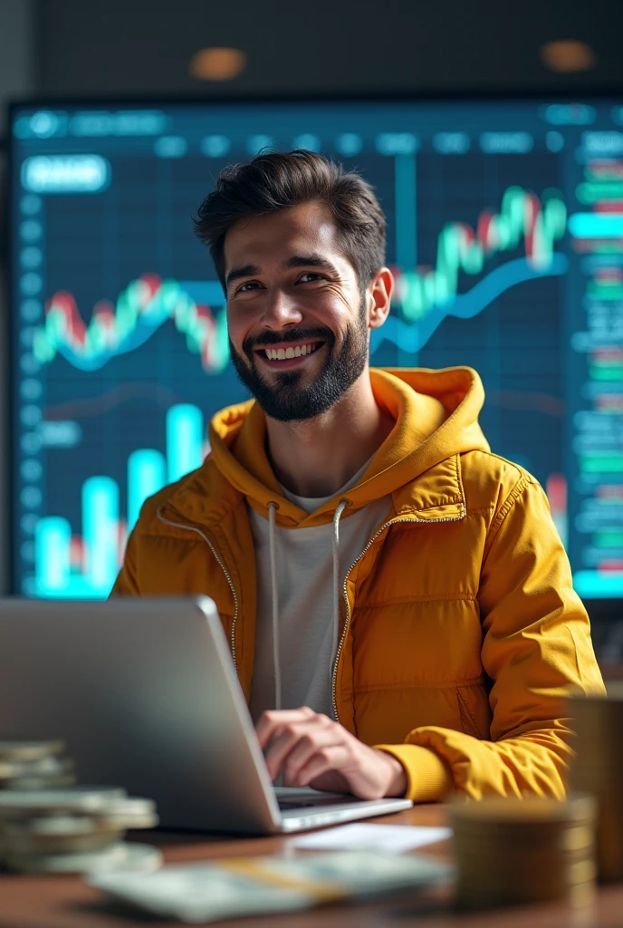 (photorealism:1.2), A (realistic) image depicting financial independence, showing a successful young man, content creator, using a social network with its own marketplace to sell his products or services. The image should include elements such as financial growth graphs, an active online community, and symbols of economic freedom such as coins and bills.