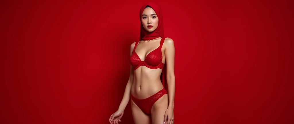 nude four red lingerie hijab female, red background. Big tits. Beautiful Malaysian looks. Anal