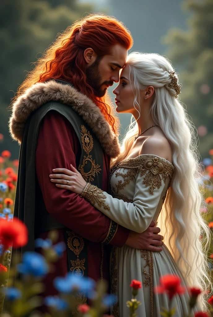 The Middle Ages, the Polish-Lithuanian Commonwealth, red and blue flowers, the 16th century, a man and a woman kissing each other, tenderly, passionately. The man is attractive, he has long red-scarlet hair, in a caftan with fur trim. Beautiful woman with long white hair, face similar to Daenerys, in the royal outfit of the queen, nature, hd