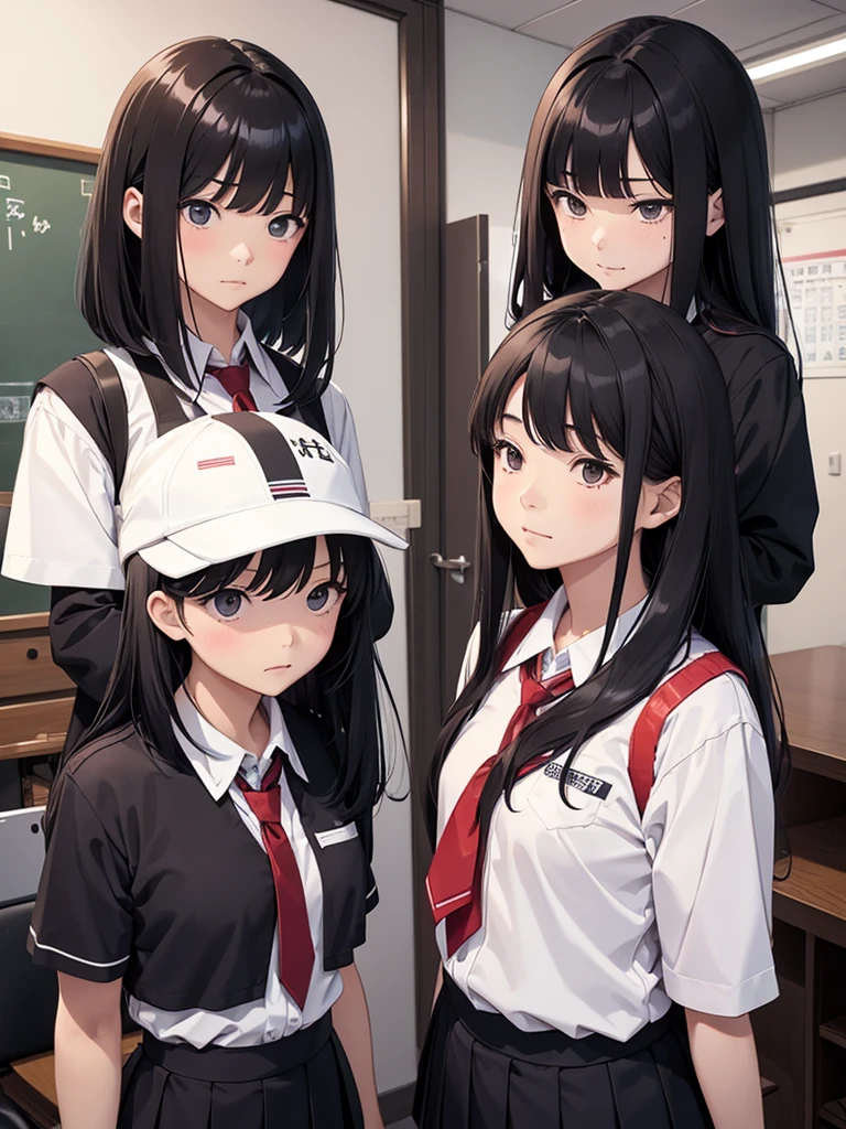 The picture shows two Japanese high school girls wearing school uniforms,The two are about the same height,A girl has very long hair,One has very short hair,The girl on the left has a black bob haircut,Looking at each other with a sad expression,The girl on the right has long black hair with bangs,Look at each other with an angry expression。