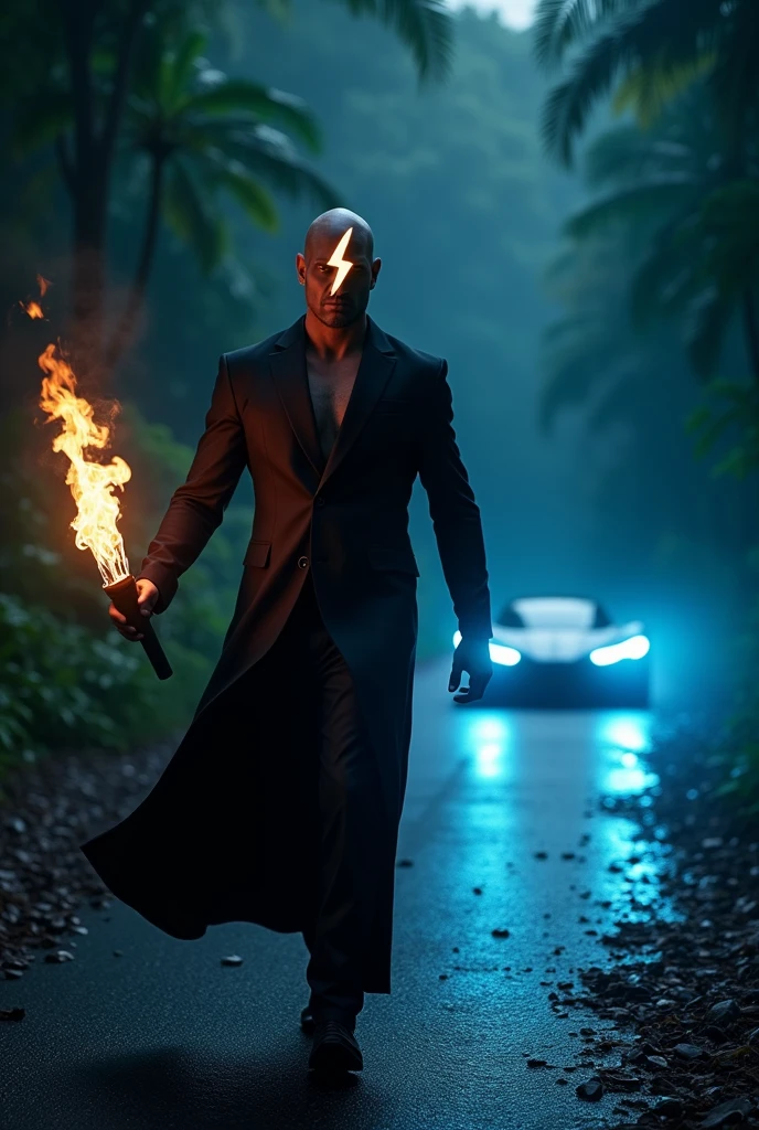 A man in a jungle road at night in long black suit and hand torch with the background of future car with lights onn and lights colours is blue and glossy and the has muscular body take a little change of colour a man had a lightning mask at face