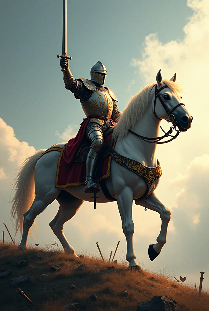 A knight holding a sword up victorious wearing helmet on a horse staying on a hill