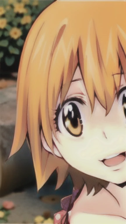 kyoko1, 1girl, short hair, brown hair, waring a polka dot dress, brown eyes, Masterpece, looking at the views, Masterpece, ((masterpiece: 1.2)), smling, open mouth, garden, outdoors, head band, standing,