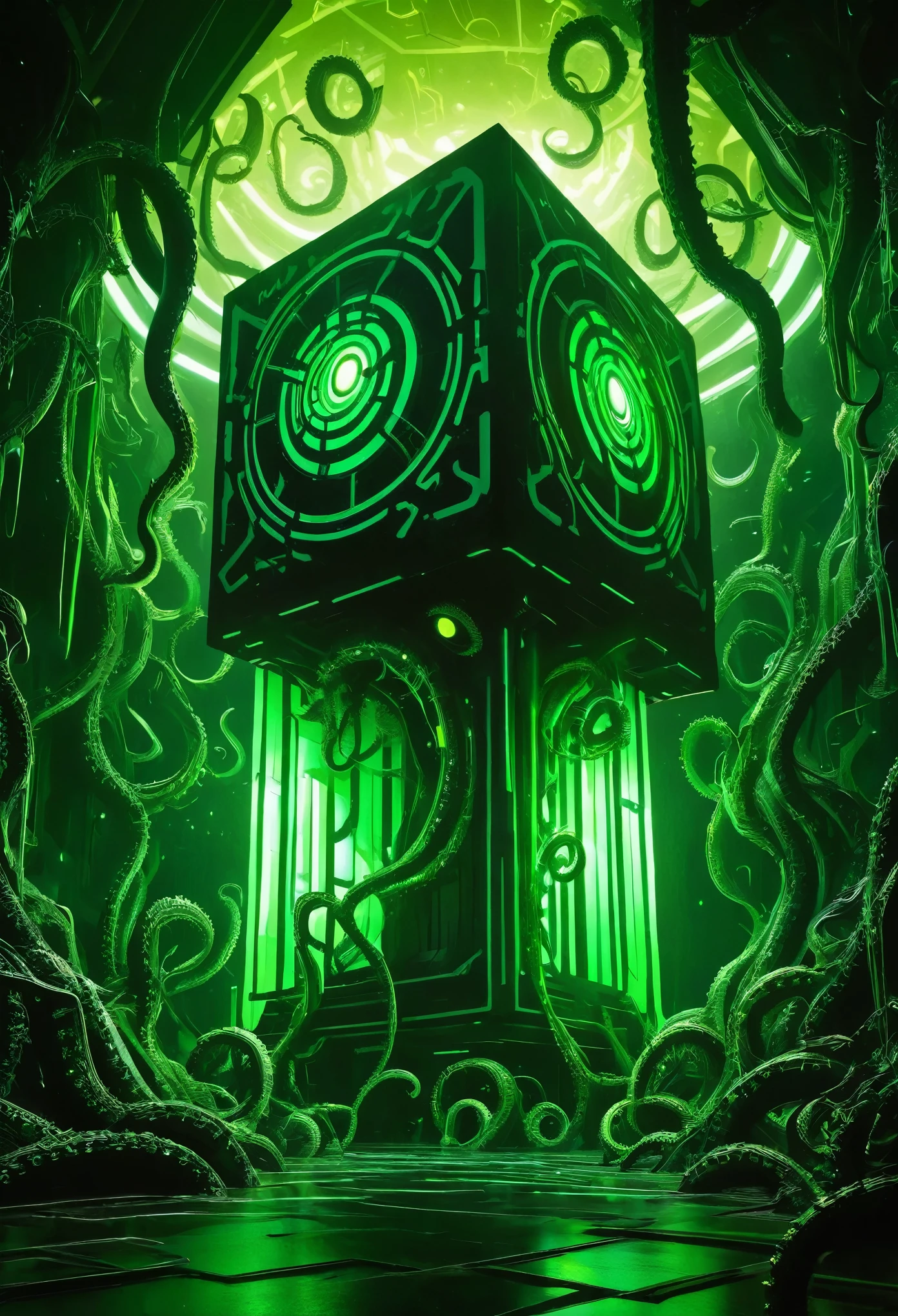 A gigantic floating cuboid structure with dark, twisting tentacles, radiating an intense green light from the circular patterns and eyes with illuminated symbols embedded in their faces. The scene has a dark and futuristic atmosphere., with a greenish-yellow lighting that envelops the entire space, full of geometric shapes and blocks suspended in the air. Two tiny, zombified figures appear to be wandering in front of this monstrous entity., highlighting its colossal scale. The atmosphere is oppressive and mysterious., as if the place were a prison or a temple of some cosmic deity. The style is a combination of science fiction and cosmic horror, with intricate details and a sense of alien grandeur.