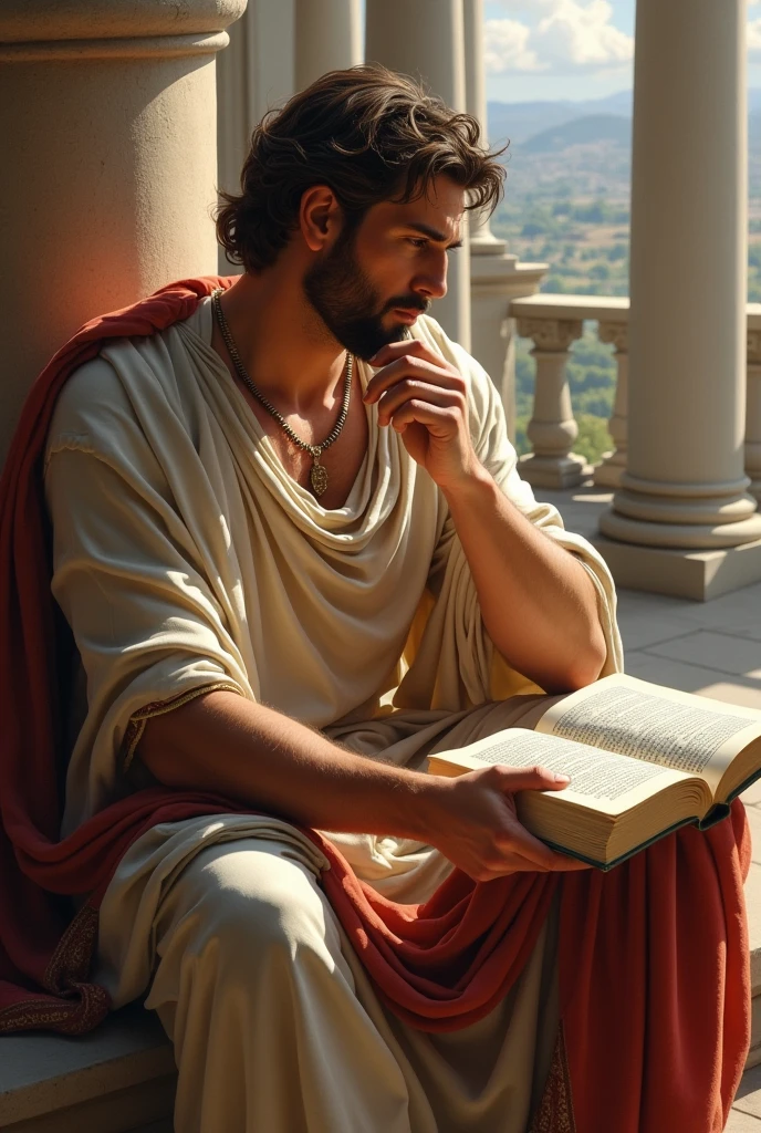 Alexander the Great as an adult reading a book looking like a Greek painting