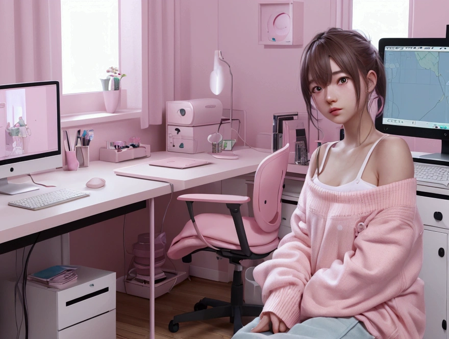 Cute lofi girl in front of his computer in her cozy and messy room, unreal engine 5 render, gorgeous lighting, pastel pink hues, 8k render, realistic scenic render.