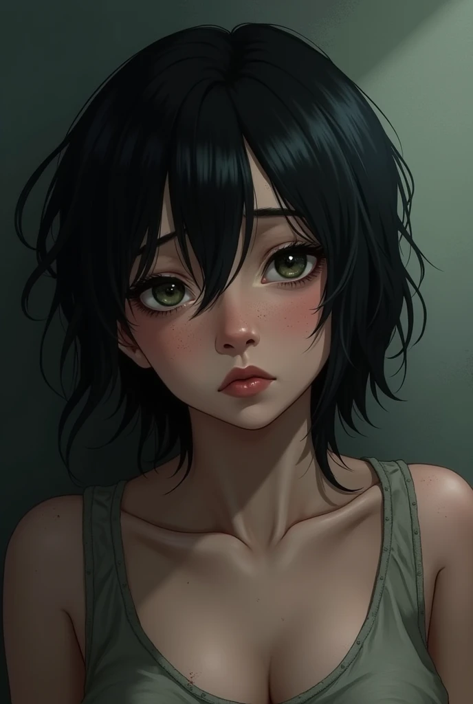 A transvestite person(It is very noticeable that he made a transition from male to female) black-haired, 40-year-old, worn out and tired
