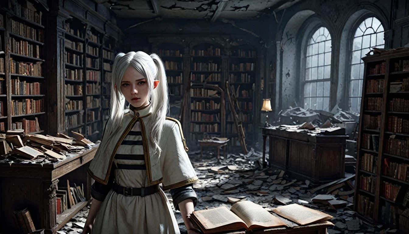 Frieren is standing in an ancient, war-torn library, surrounded by broken shelves and scattered, dusty grimoires. She is intently flipping through an old, worn-out grimoire, with flashes of a secret magic appearing faintly in the air around her. The room is filled with debris—fallen books, cracked stone floors, and broken furniture, evoking the atmosphere of a war shelter. Frieren's white hair, flowing in soft twintails, contrasts against the dark, ruined surroundings. The lighting is dim but realistic, with details such as dirt and grime on her clothes, hyper-realistic skin textures, and every element of the room rendered in ultra-realistic detail, as though captured in a real-life setting.