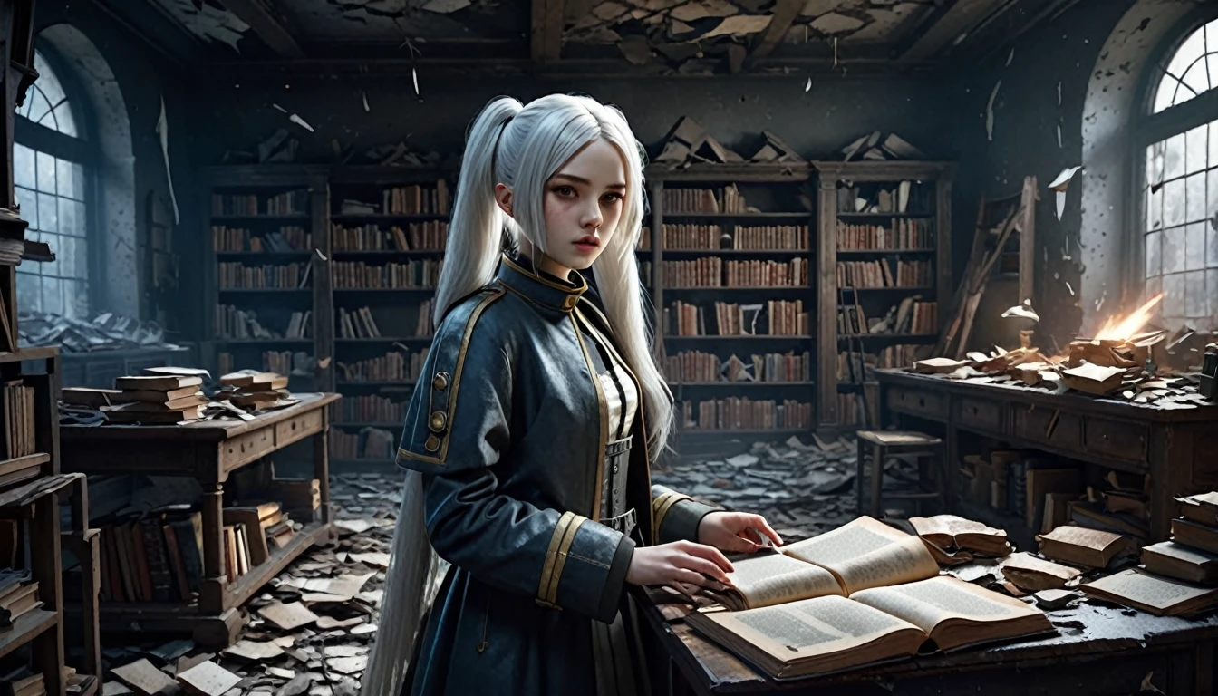 Frieren is standing in an ancient, war-torn library, surrounded by broken shelves and scattered, dusty grimoires. She is intently flipping through an old, worn-out grimoire, with flashes of a secret magic appearing faintly in the air around her. The room is filled with debris—fallen books, cracked stone floors, and broken furniture, evoking the atmosphere of a war shelter. Frieren's white hair, flowing in soft twintails, contrasts against the dark, ruined surroundings. The lighting is dim but realistic, with details such as dirt and grime on her clothes, hyper-realistic skin textures, and every element of the room rendered in ultra-realistic detail, as though captured in a real-life setting.