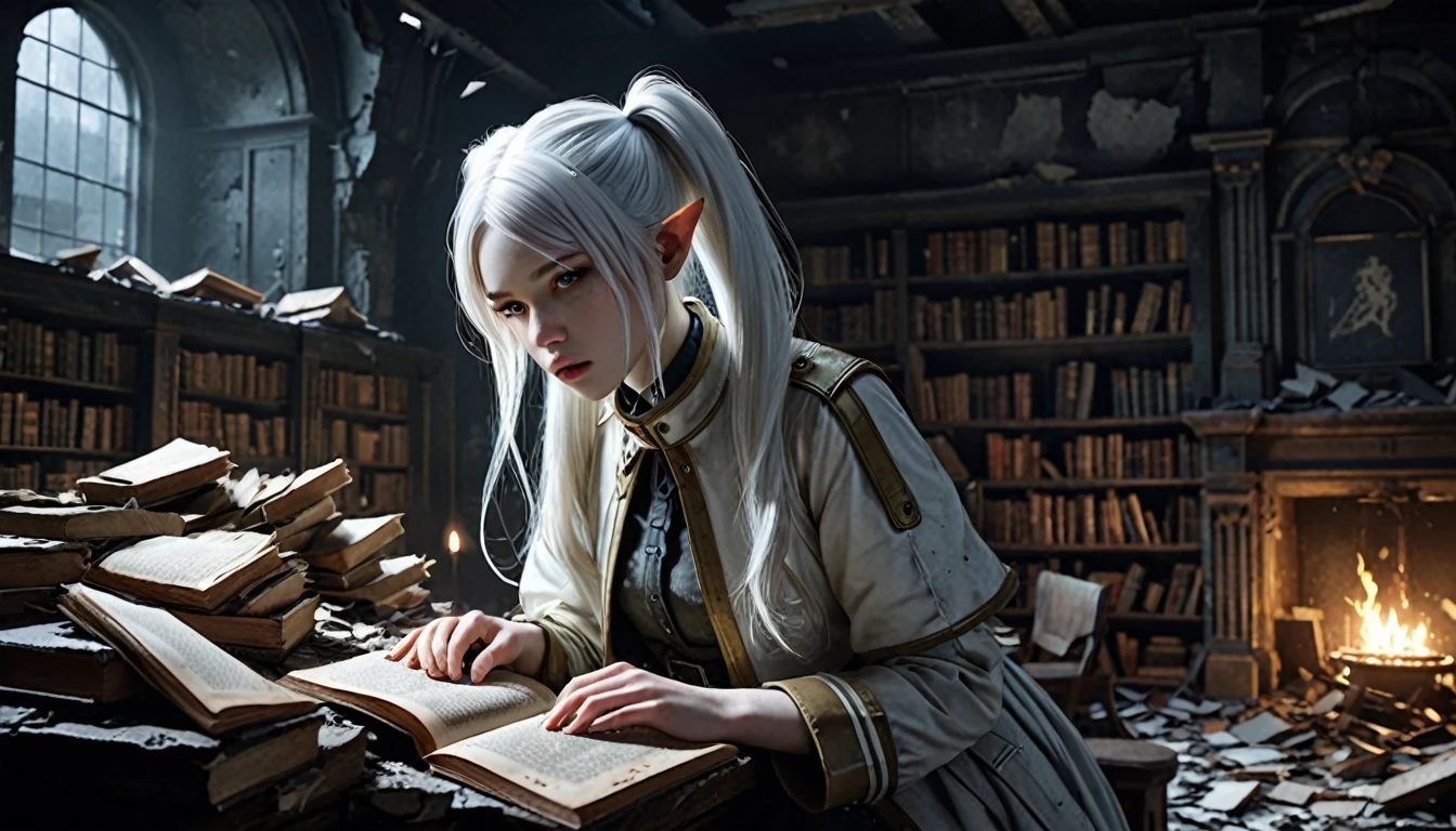 Frieren is standing in an ancient, war-torn library, surrounded by broken shelves and scattered, dusty grimoires. She is intently flipping through an old, worn-out grimoire, with flashes of a secret magic appearing faintly in the air around her. The room is filled with debris—fallen books, cracked stone floors, and broken furniture, evoking the atmosphere of a war shelter. Frieren's white hair, flowing in soft twintails, contrasts against the dark, ruined surroundings. The lighting is dim but realistic, with details such as dirt and grime on her clothes, hyper-realistic skin textures, and every element of the room rendered in ultra-realistic detail, as though captured in a real-life setting.