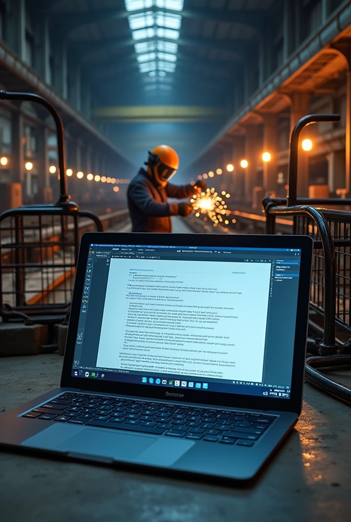 Laptop screen shot showing script, and behind the laptop there is a welder welding an iron fence and canopy in a large warehouse with lots of iron.