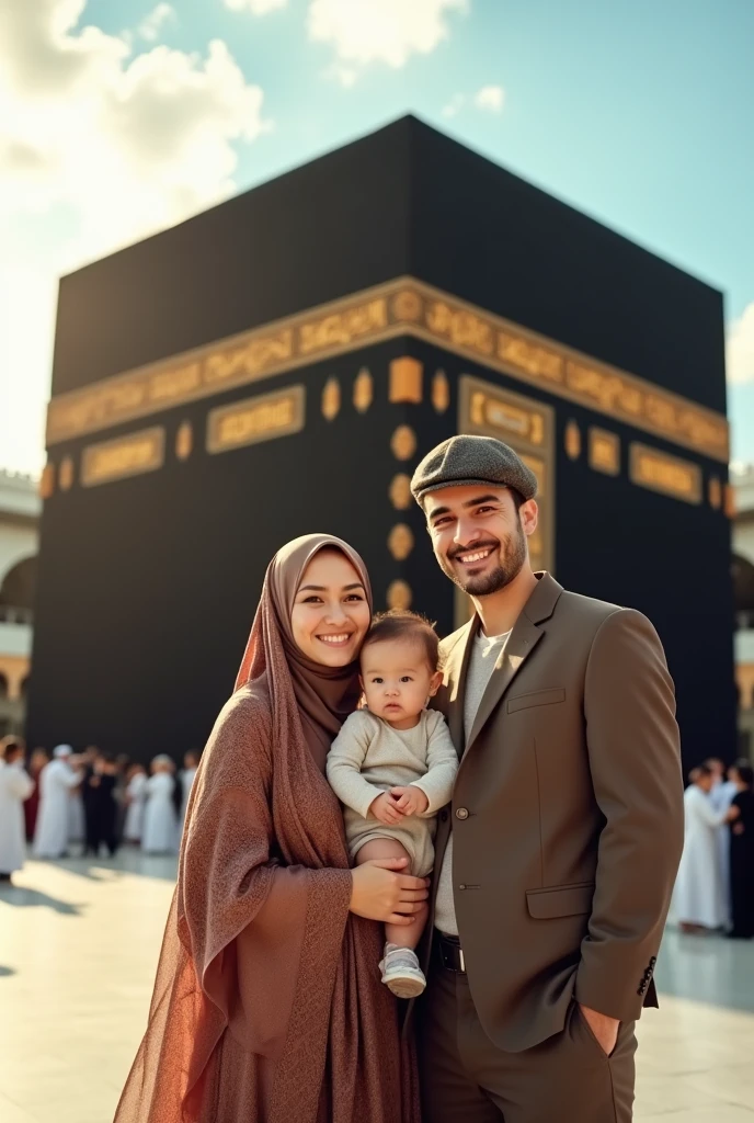créer un couple heureux, with a woman who is 100% veiled Indonesian, et l'homme qui est 100% French, in Mecca, with a baby, une image de qualité, with a beautiful sun and blue sky in the background, we must see the Kibaa which is magnificent 