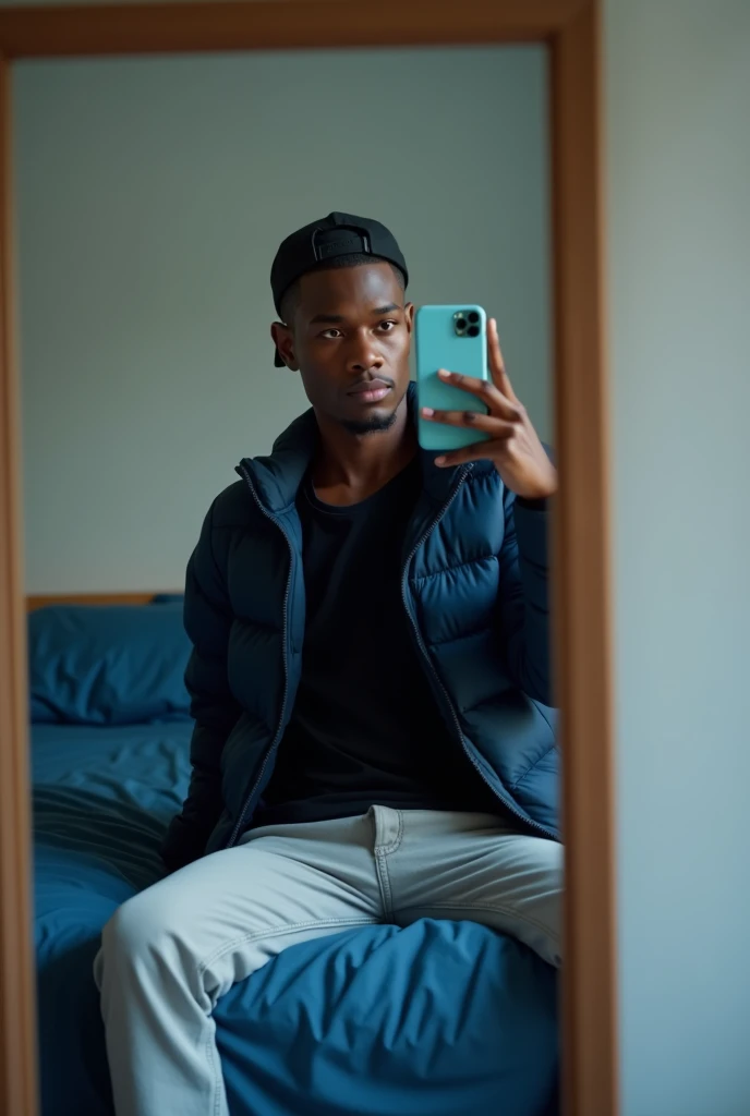 best qualityer:1.4), (ultra high resolution:1.2), (photorrealistic:1.4), (8k, CRU photo:1.2), 1 black man in his 20s, is wearing a black shirt and a navy blue puffer jacket, He's wearing a black cap, He's wearing light jeans. He is sitting on a bed taking a picture in the mirror. The bed sheet is blue. Corte de cabelo buzzcut. thin build. iPhone case is baby blue