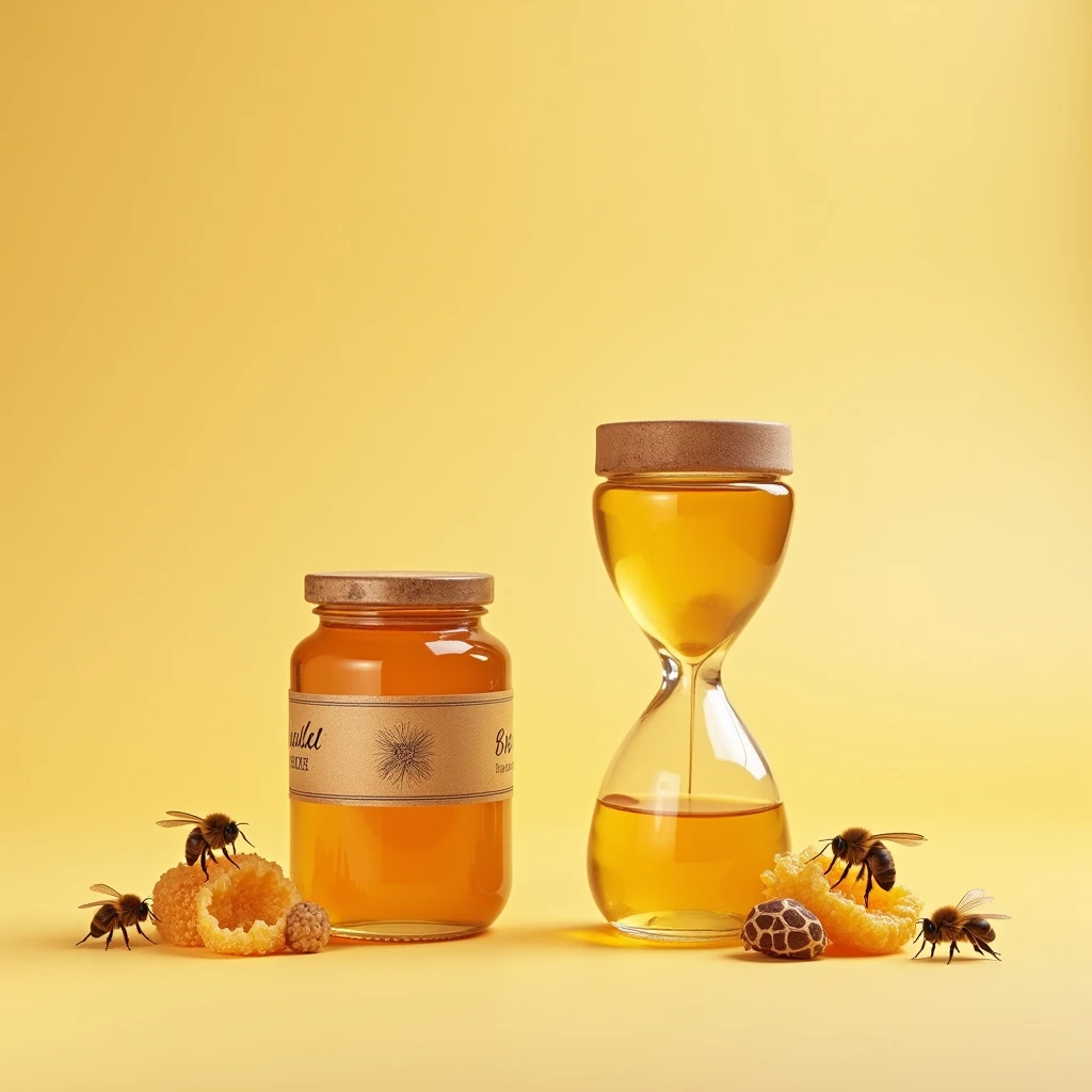 A solid color background that can be easily removed, with two honey jars in the center: one with an antique look, featuring an aged label, and the other modern and sleek. Surrounding the jars are small, detailed illustrations or photos of bees and honeycombs, symbolizing the natural origin of honey. To emphasize the concept of eternity, include a subtle, artistic representation of an hourglass without sand. The overall design should focus on visual elements without any text.