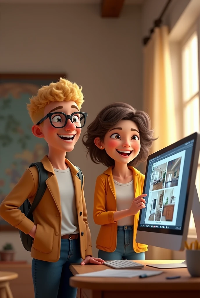 A white-skinned architect, short blond curly hair and wears glasses, next to a dark-haired female client, very satisfied showing great joy when seeing an interior design project on a computer screen in the Disney Pixar animation style