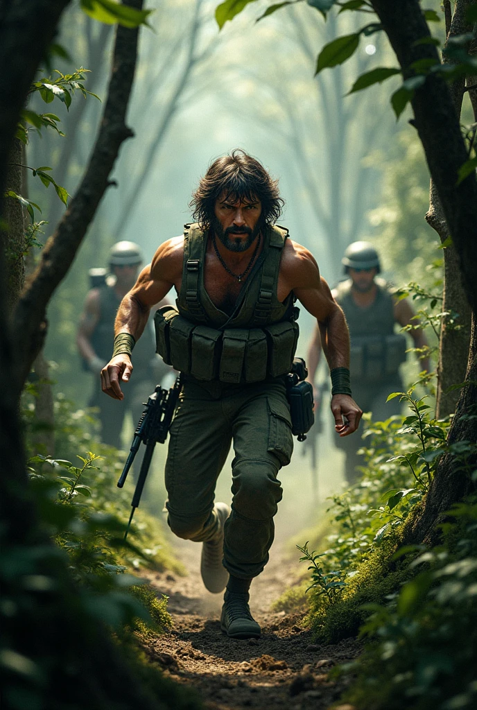 Create a Rambo scene in the woods fleeing from the military