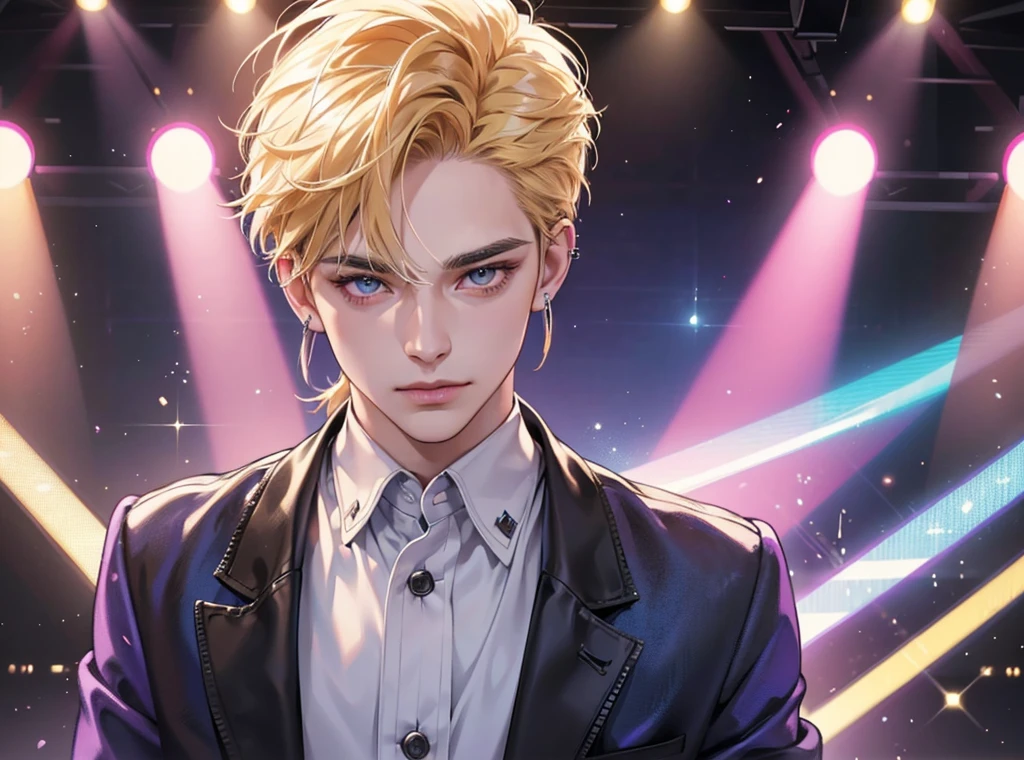 a handsome man with blonde hair and brown eyes, wearing a modern idol costume on a stage background with purple and blue neon lights, (best quality,4k,8k,highres,masterpiece:1.2),ultra-detailed,(realistic,photorealistic,photo-realistic:1.37),highly detailed face, extremely detailed eyes and face, beautiful detailed lips, longeyelashes, singer, man, ear piercing, short haircut, stage performance, professional, vivid colors