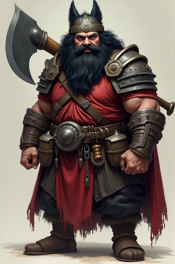 A dwarf with a calm look, long black curly hair, a robust beard that reaches down to his chest wears a helmet in the shape of a wolf, wears armor that mixes medieval and Japanese. He has a large axe on his back and on his waist he has small bags and an iron canteen.. Wears several silver rings on his fingers, He has white skin and is very strong and not very fat., her eyes are slanted and her color palette goes between red, black and brown