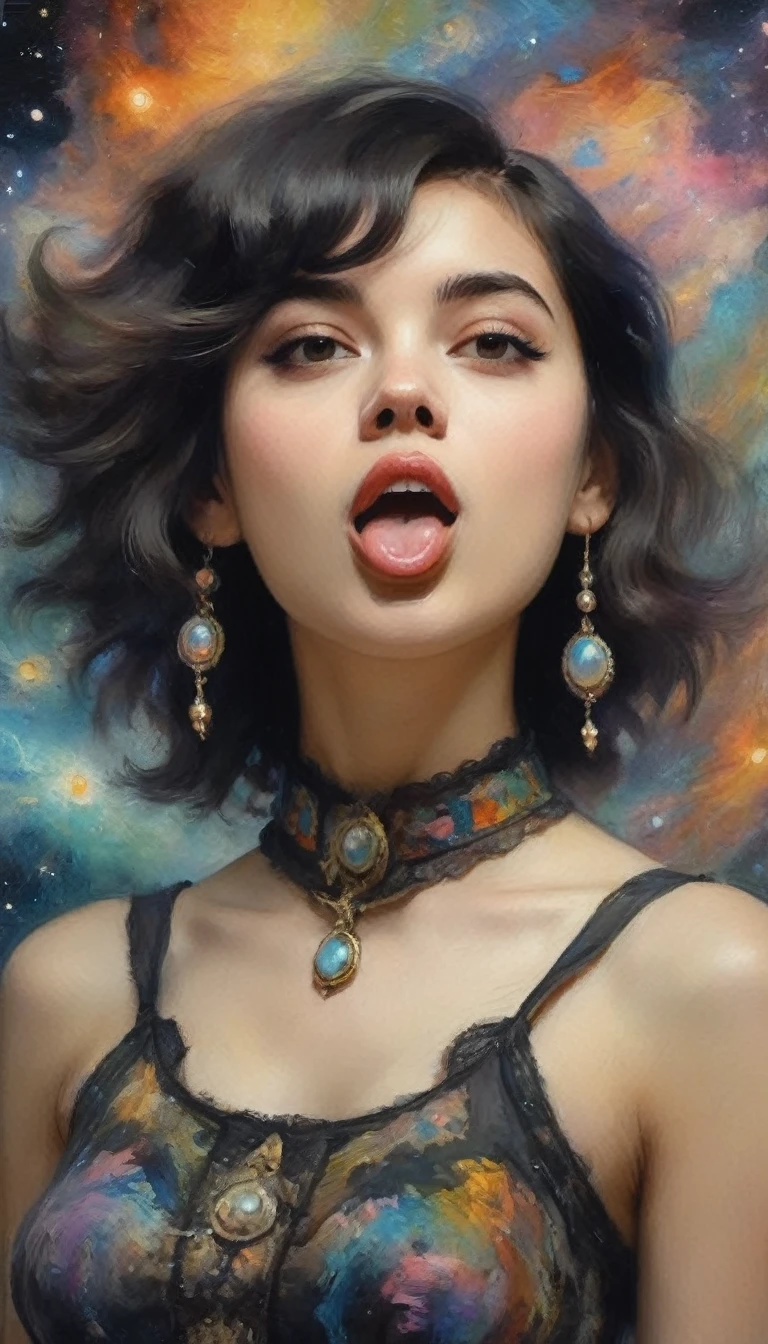 (ahegao!)[((Young girl Valerie Tramell, the expression of a nirvana face)), long tongue, Cute Black Chaos Bob To The Wind, baroque:20]:BG[Nebula] (Art by Mordecai-Ardon), Lush watercolor palette canvas/acrylic, Intricate, Extreme detailing, Complex key, ((Single Shot)), ((Best Quality)), ((Masterpiece)) , ( (Realistic)), (IDEAL), 8K, impressionism: 0.2 Обои Full HD
