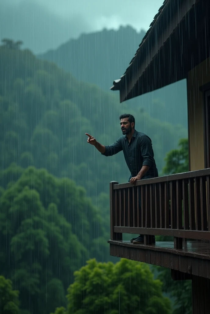 create cinematic, photo realistic film poster of a clean shaven man staring from the balcony of his first floor bungalow, shouting downwards, heavy rain, monsoon, outskirts of Darjeeling, finger pointing