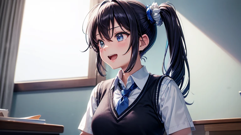 Beautiful lighting, 1 girl, alone, Akane, White shirt, Sweater vest, Black vest, Blue tie, ((Anime Style))、((2D))、Laughter、Open your mouth、(((Side Ponytail)))、One room、Sitting in physical education、