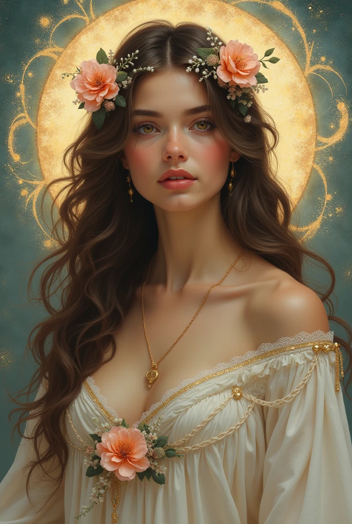 goddess of youth, with long hair and brown eyes, mythology artwork
