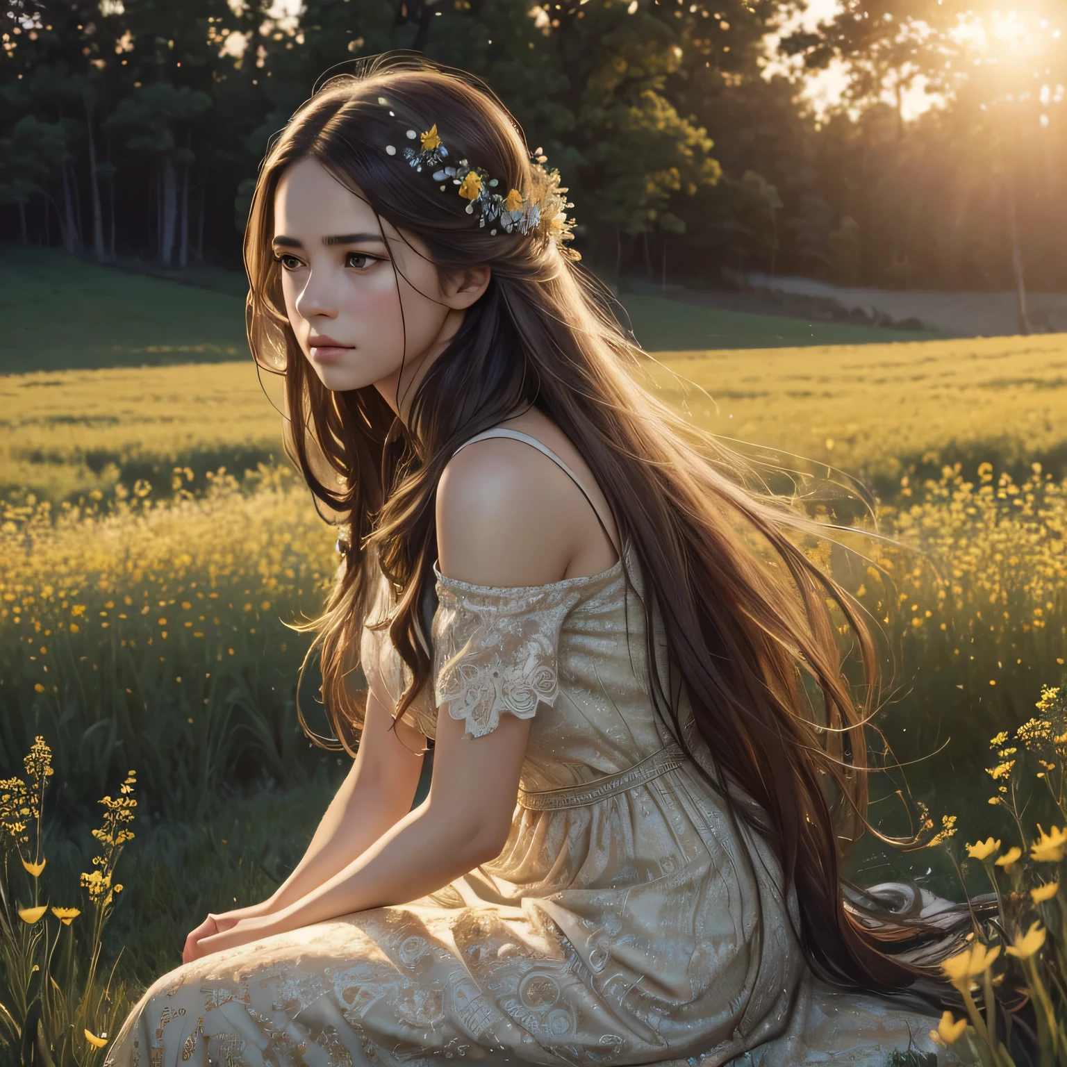 a girl with long flowing hair, beautiful detailed eyes, beautiful detailed lips, extremely detailed face, delicate features, melancholy expression, wearing a dress, sitting alone in a field of wildflowers, dramatic lighting, cinematic, moody, golden hour, muted colors, emotive, intricate details, (best quality,4k,8k,highres,masterpiece:1.2),ultra-detailed,(realistic,photorealistic,photo-realistic:1.37),concept art, emotional portrait