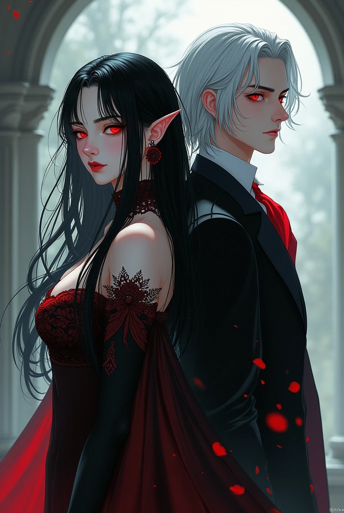 A vampire woman with no pointy ears with black hair and red highlights and a brother who is a lord, man with long white hair. anime style image. The two side by side