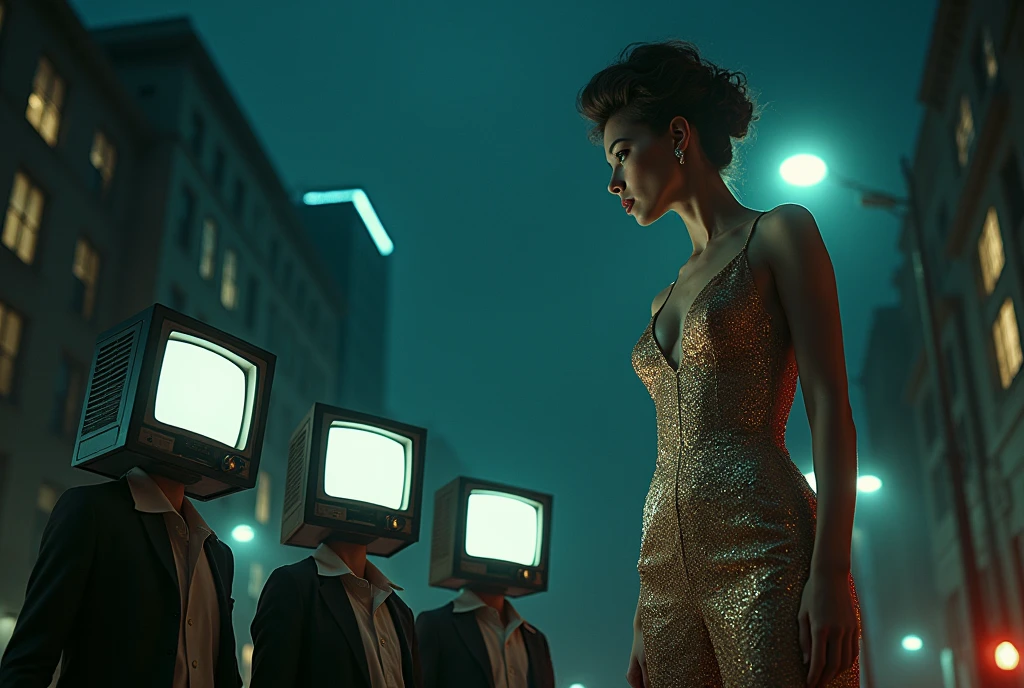(Cinematic wide shot:1.4) photo of a group of people in casual clothing, each with a vintage TV set as their head, with their faces seamlessly projected on the screens, all gazing upwards at a towering, giant, beautiful woman dressed in glittering evening wear, with glamorous makeup and an intricate evening hairstyle, (elegant and powerful presence:1.3), the group appears tiny in comparison to her immense size, low-angle framing looking upwards, in a surreal urban night scene with reflective surfaces, under dramatic spotlight, shot on a Canon EOS R5 with a 24mm lens, (in the style of surrealist photography:1.5).