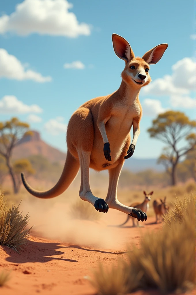 "Create an image of a kangaroo in its natural Australian outback habitat. The kangaroo should be mid-leap, showcasing its powerful hind legs and long tail used for balance. Surround the kangaroo with dry grasses and sparse shrubs typical of the Australian landscape. In the background, include a small group of kangaroos, or 'mob,' grazing on grass. The sky should be bright and clear, reflecting the typical sunny weather. If possible, show a joey peeking out from its mother’s pouch, highlighting the nurturing aspect of kangaroos."