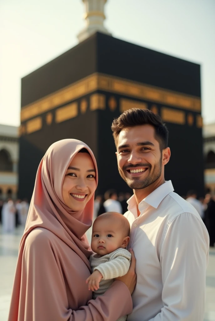 créer un couple heureux, avec une femme qui est 100% indonésienne voilée, et l'homme qui est 100% français sans chapeau ni casquette, à La Mecque, avec un bébé, une image de qualité, avec un beau soleil et ciel bleu à l'arrière, on doit voir la Kibaa qui est magnifique