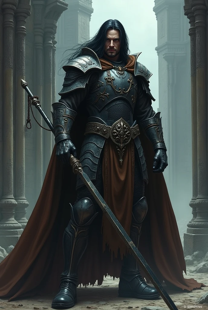 Generate a grown man who looks like Ronnie Radke. He has long black hair. He wears black and grey armor with a long brown cloak and hood. He holds a lance with a wide blade. Dark castle in background. Dark fantasy style. Realistic digital drawn image.