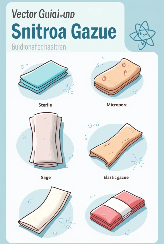 I am looking for an illustration of sterile and micropore gauze and elastic gauze Drawing style: Modern and vector, with smooth, clean lines, and vibrant colors. Cartoonish but realistic. Color: Using a palette of bright and contrasting colors that are pleasant and eye-catching. FORMAT: Illustrations arranged in a book or manual style. This illustration is intended for a guidance and training manual, so it must be clear, accessible and visually appealing."
