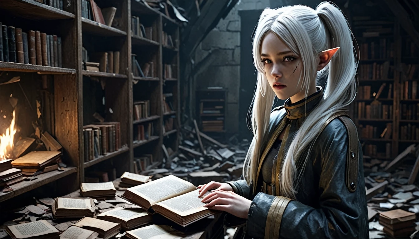 Frieren is standing in an ancient, war-torn library, surrounded by broken shelves and scattered, dusty grimoires. She is intently flipping through an old, worn-out grimoire, with flashes of a secret magic appearing faintly in the air around her. The room is filled with debris—fallen books, cracked stone floors, and broken furniture, evoking the atmosphere of a war shelter. Frieren's white hair, flowing in soft twintails, contrasts against the dark, ruined surroundings. The lighting is dim but realistic, with details such as dirt and grime on her clothes, hyper-realistic skin textures, and every element of the room rendered in ultra-realistic detail, as though captured in a real-life setting.